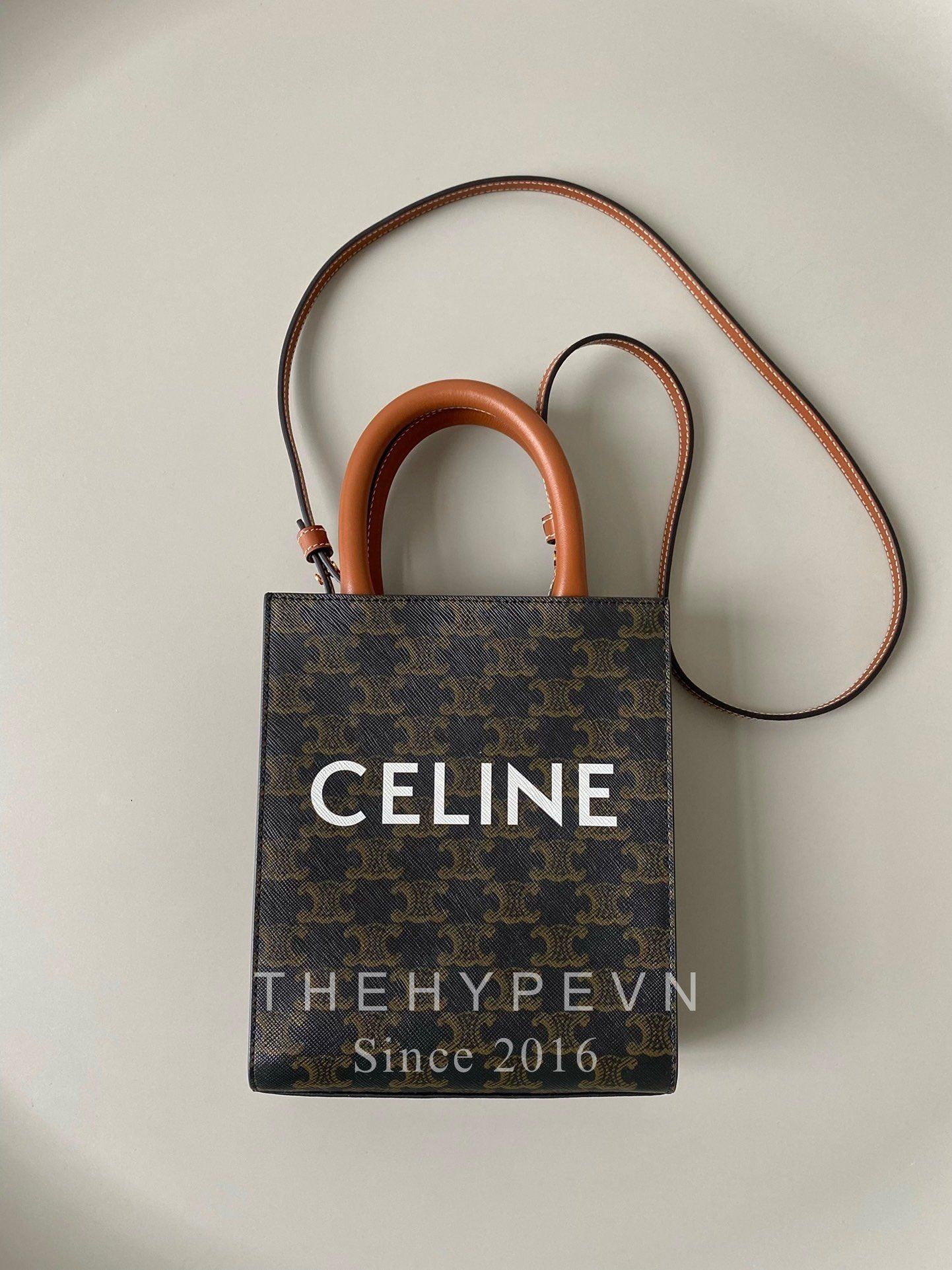  Túi Celine MINI VERTICAL CABAS IN TRIOMPHE CANVAS AND CALFSKIN WITH CELINE PRINT (Tan) [MIRROR QUALITY] 