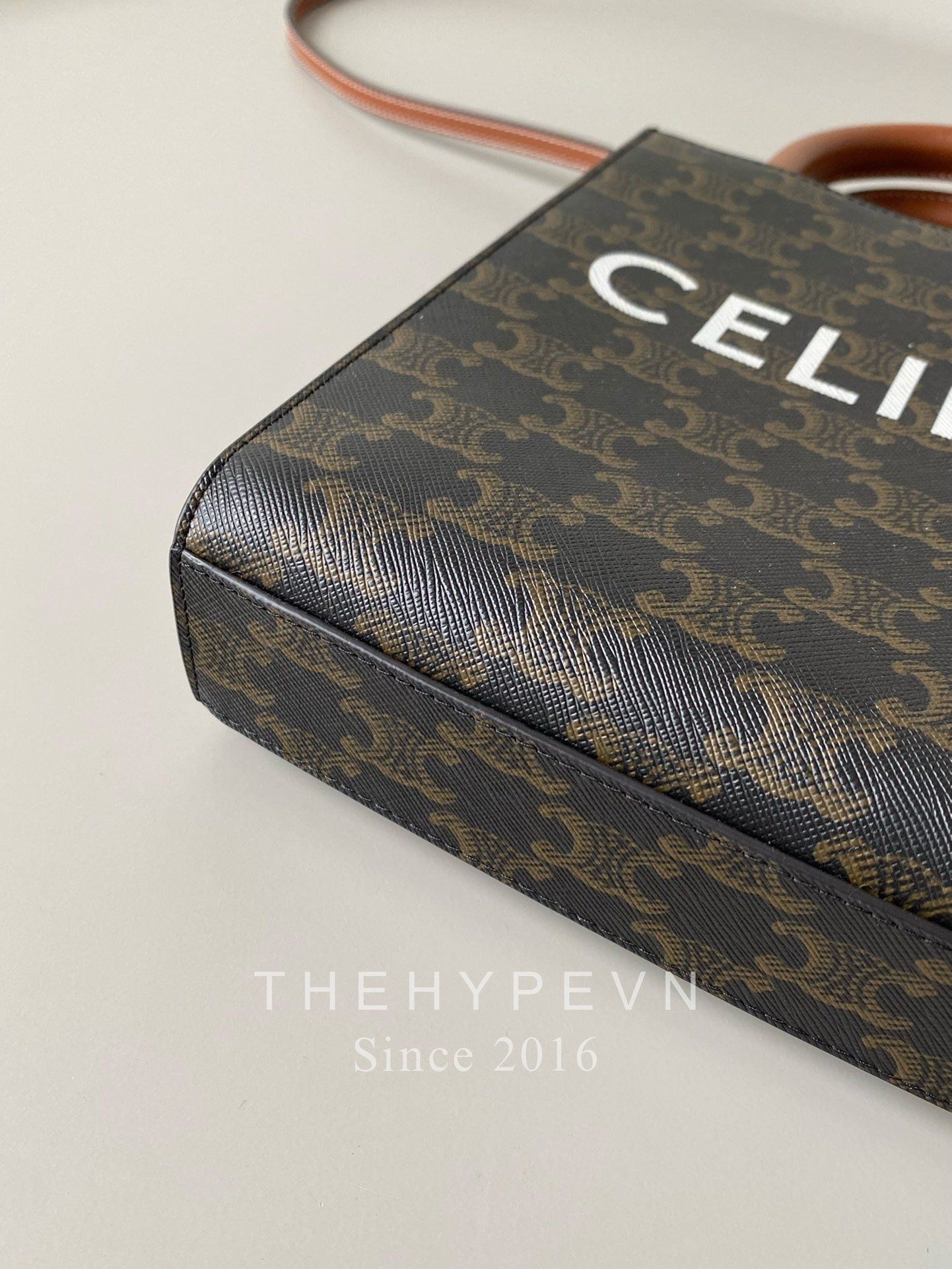  Túi Celine MINI VERTICAL CABAS IN TRIOMPHE CANVAS AND CALFSKIN WITH CELINE PRINT (Tan) [MIRROR QUALITY] 