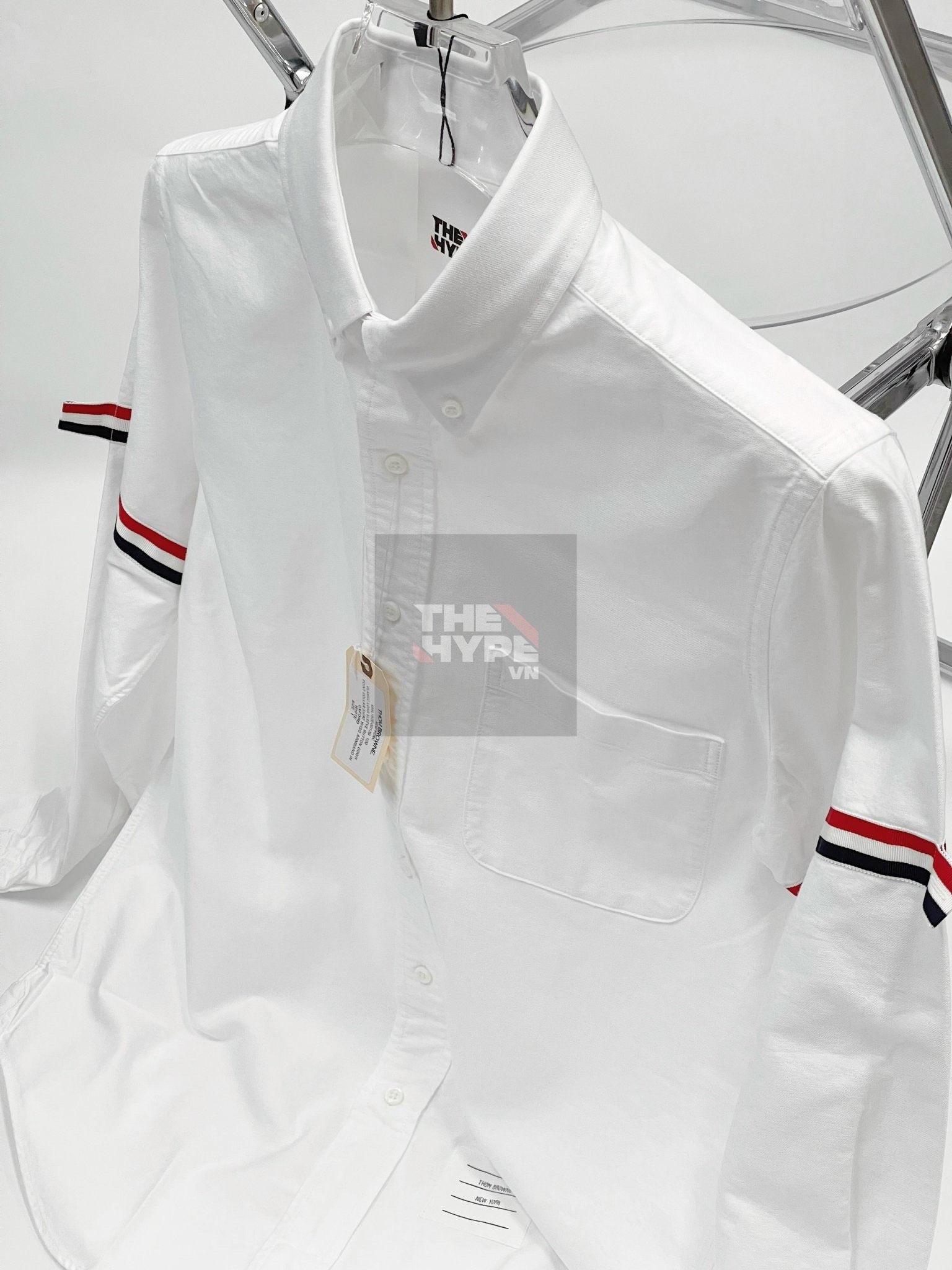  THOM BROWNE SHIRT - Áo sơ mi Thom Browne Grosgrain Arm Band Solid Poplin (sọc tay) [Mirror Quality] 