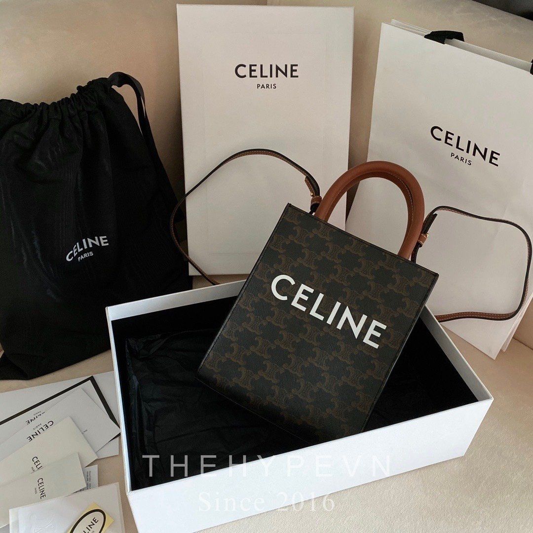  Túi Celine MINI VERTICAL CABAS IN TRIOMPHE CANVAS AND CALFSKIN WITH CELINE PRINT (Tan) [MIRROR QUALITY] 