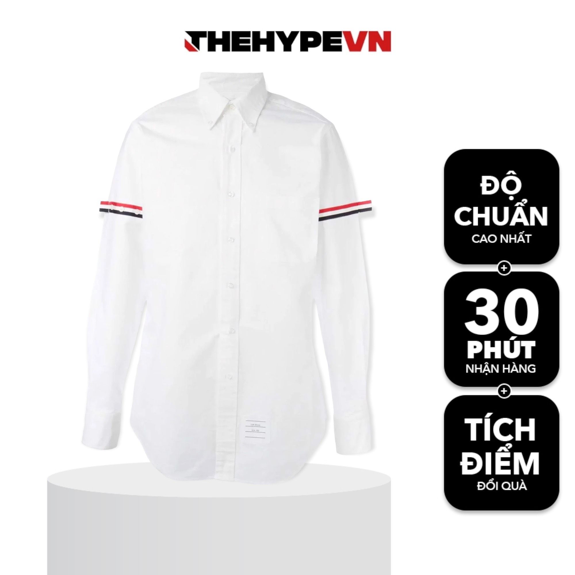  THOM BROWNE SHIRT - Áo sơ mi Thom Browne Grosgrain Arm Band Solid Poplin (sọc tay) [Mirror Quality] 