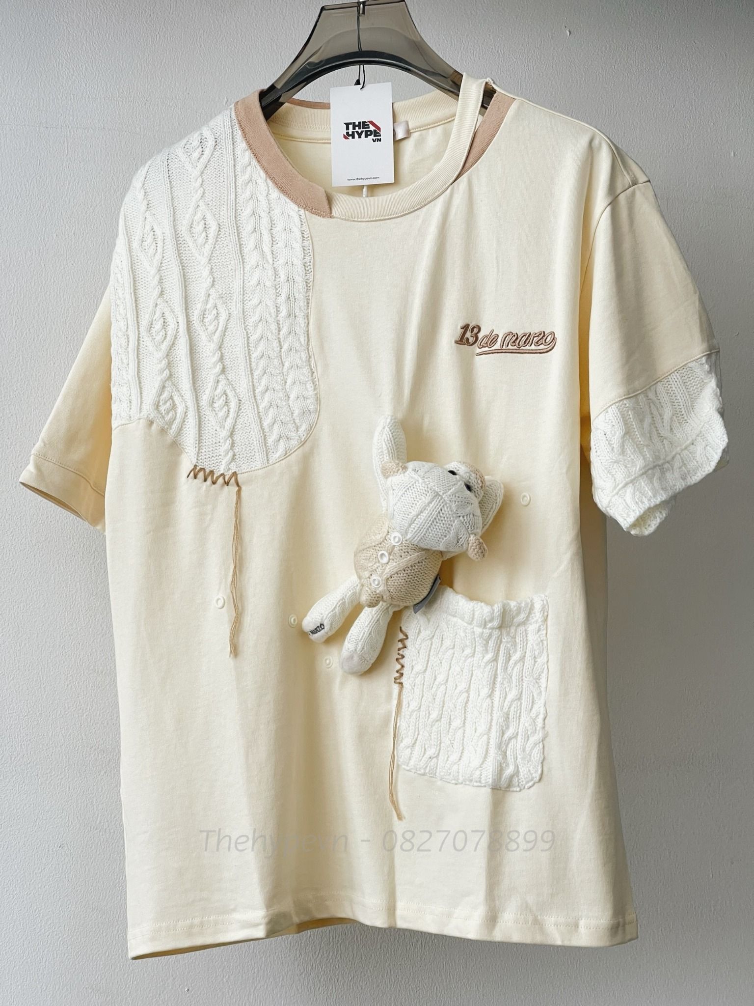  Áo Thun 13de Marzo Bear Knit Suture (Biege) Best Quality 