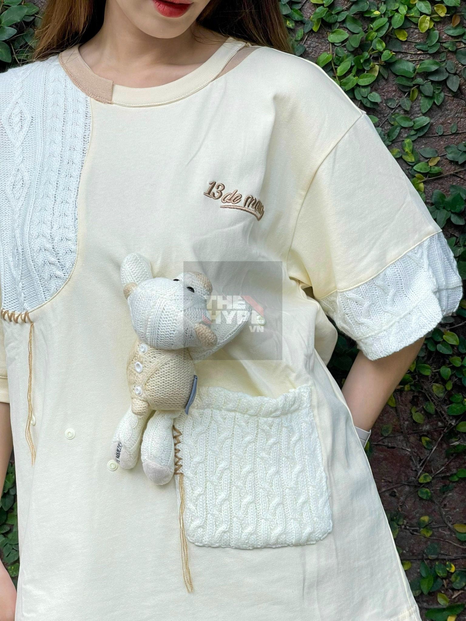  Áo Thun 13de Marzo Bear Knit Suture (Biege) Best Quality 