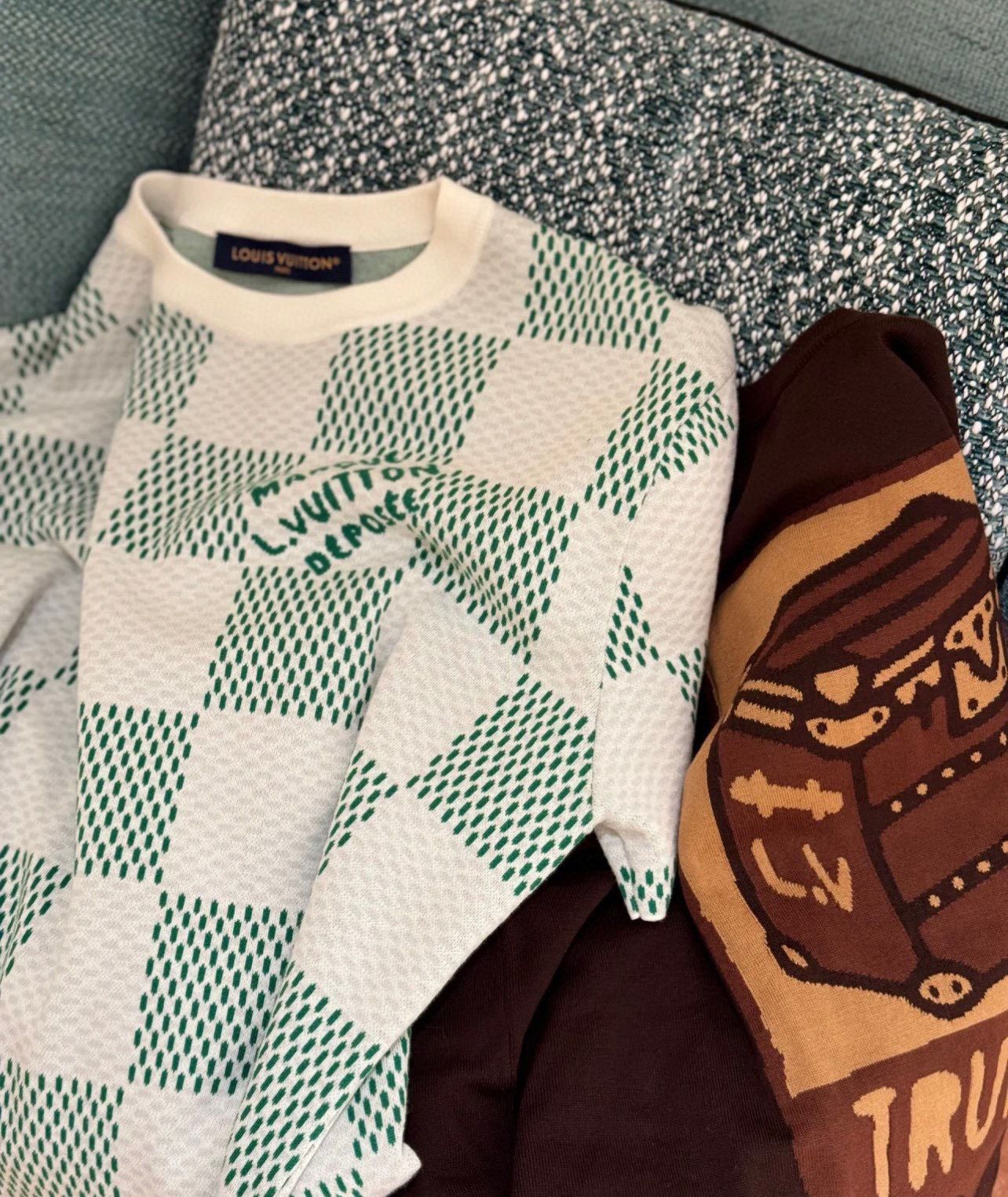  Áo Thun Louis Vuitton Damier Knitted Short-Sleeved Crewneck (Green) [Mirror Quality] 