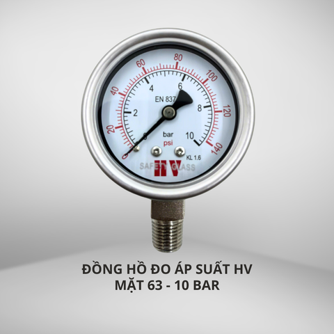 ĐỒNG HỒ ĐO ÁP SUẤT HV MẶT 63 CHÂN INOX (HOÁ CHẤT/XĂNG DẦU)