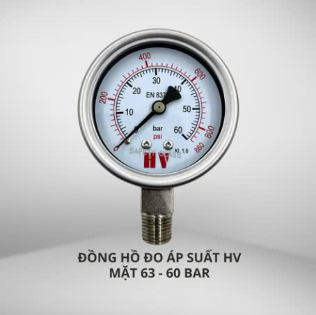 ĐỒNG HỒ ĐO ÁP SUẤT HV MẶT 63 CHÂN INOX (HOÁ CHẤT/XĂNG DẦU)
