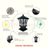  [IZU-TRH20] Đèn trụ hiên năng lượng mặt trời 20x20cm 
