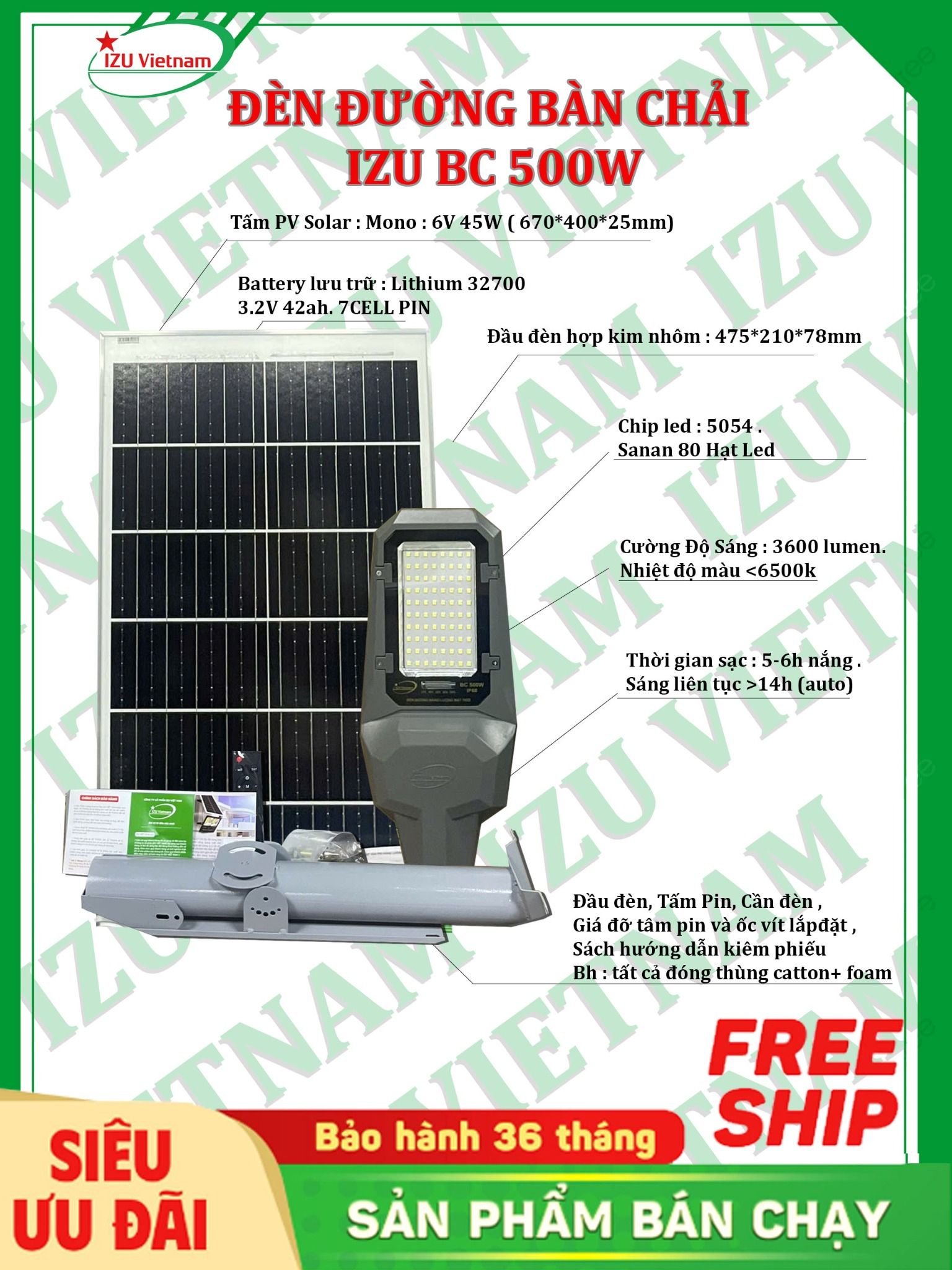  [IZU-BC500W] Đèn đường bàn chải năng lượng mặt trời 500W 