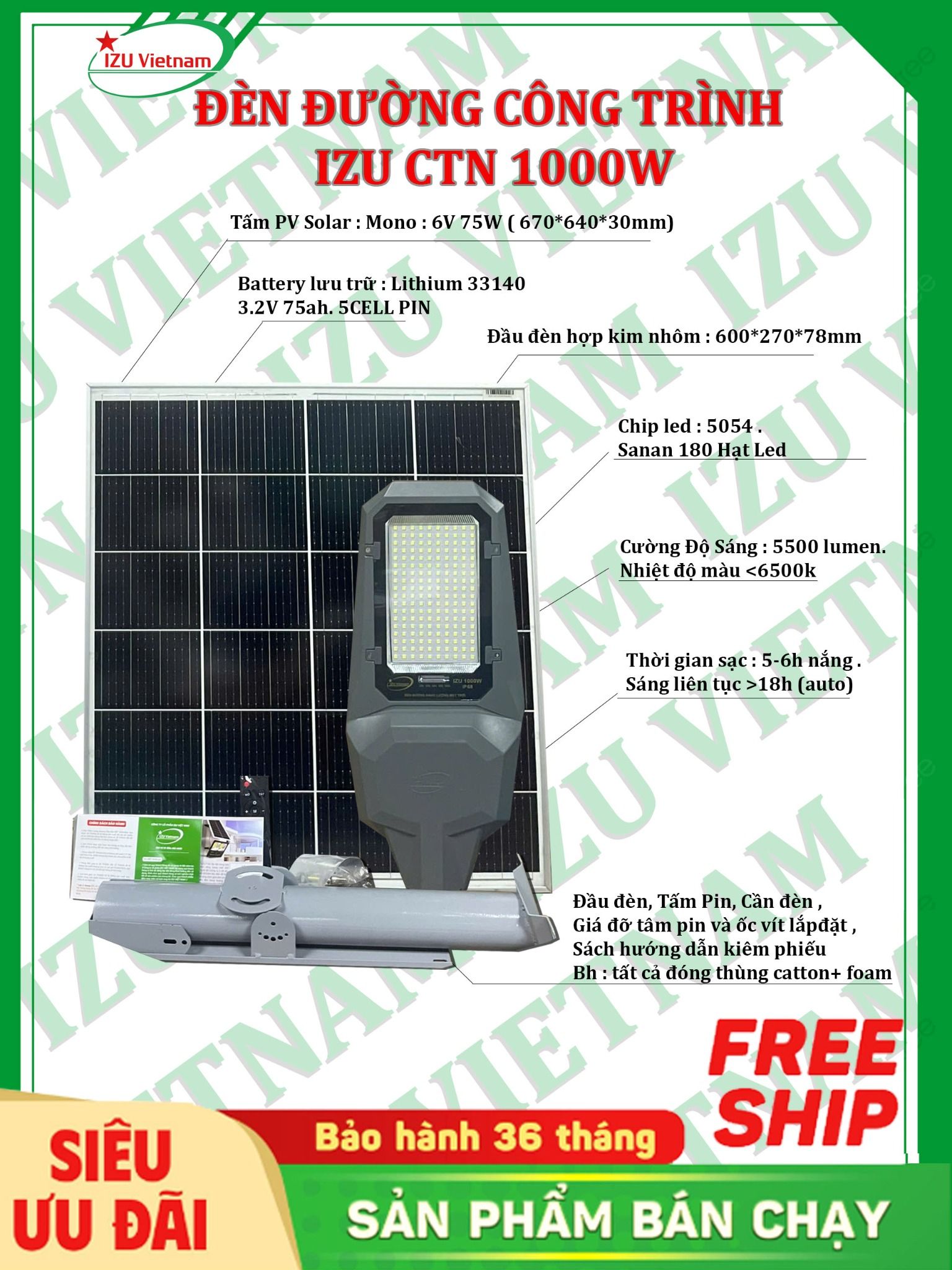  [IZU-CTN1000W] Đèn công trình nhỏ năng lượng mặt trời 1000W 