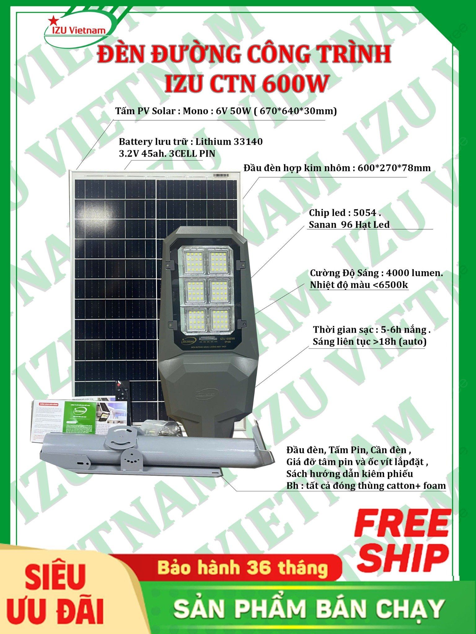  [IZU-CTN600W] Đèn công trình nhỏ năng lượng mặt trời 600W 