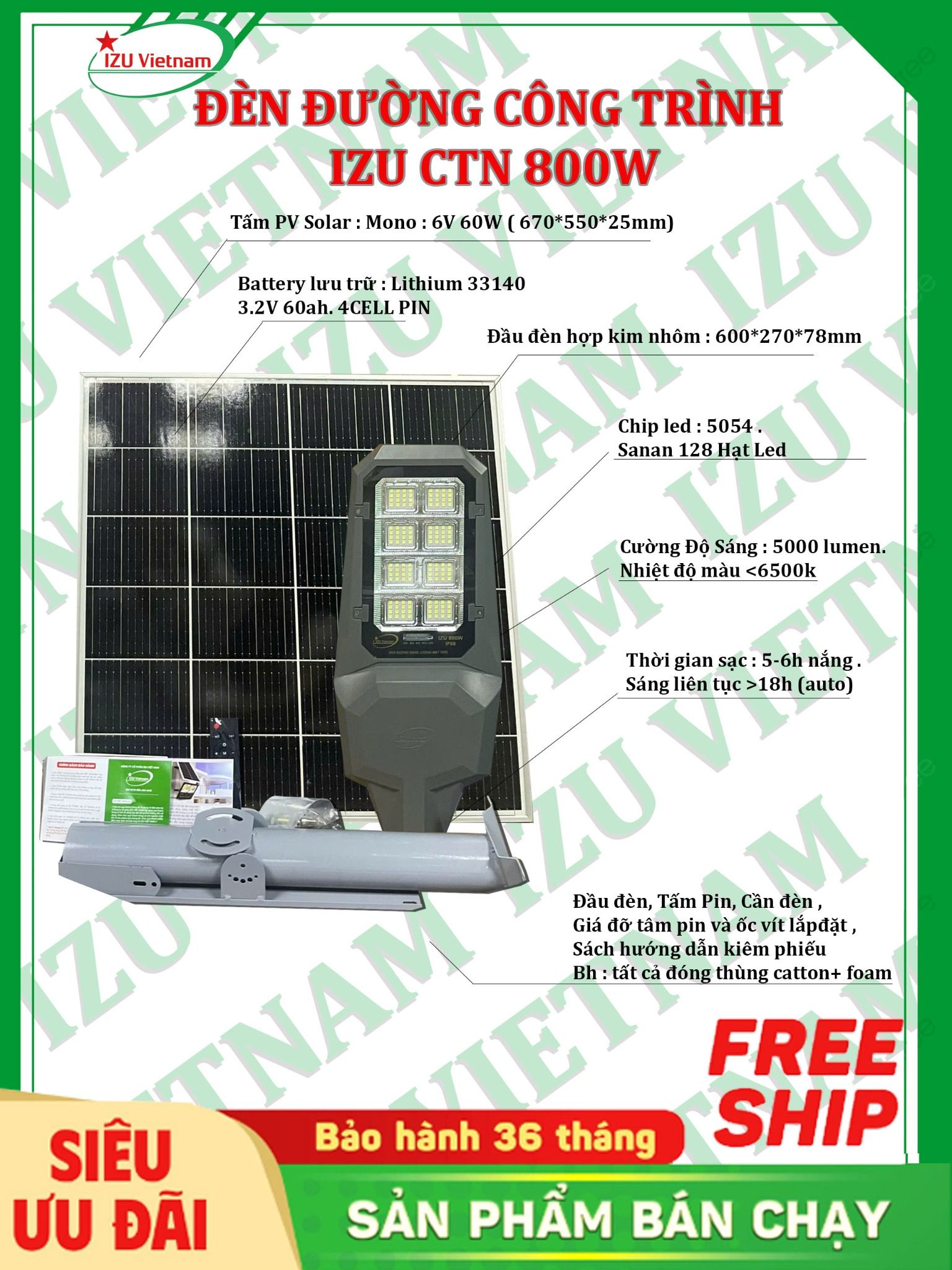  [IZU-CTN800W] Đèn công trình nhỏ năng lượng mặt trời 800W 