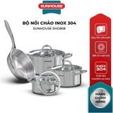  Bộ nồi chảo Inox 304 Sunhouse SHG808 - 3 nồi và 1 chảo - Dùng cho mọi loại bếp - Đa lớp - Dùng được cho máy rửa bá 