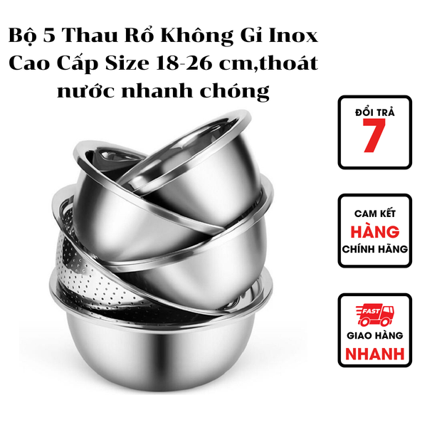 Bộ 5 Thau Rổ Không Gỉ Inox Cao Cấp-Sét 5 Rổ Bằng inox Size 18 - 26 cm ...