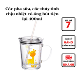  Cốc pha sữa, cốc thủy tinh chịu nhiệt thủy tinh chia vạch có nắp và ống hút tiện lợi 400ml (giao ngẫu nhiên) 