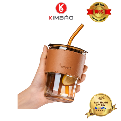  (Set 2 Cái) Ly Bọc Da - Kèm Ống Hút Thủy Tinh 