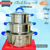  Bộ 3 Nồi Inox 3 Đáy SUNHOUSE SHG361 Model mới Size 16-20-24cm Dùng Trên Mọi Loại Bếp 