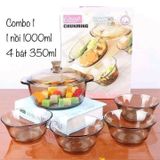  Bộ Nồi Thủy Tinh 1000ml Kèm 4 Bát Ăn Cơm 320ml Chịu Nhiệt Tốt 