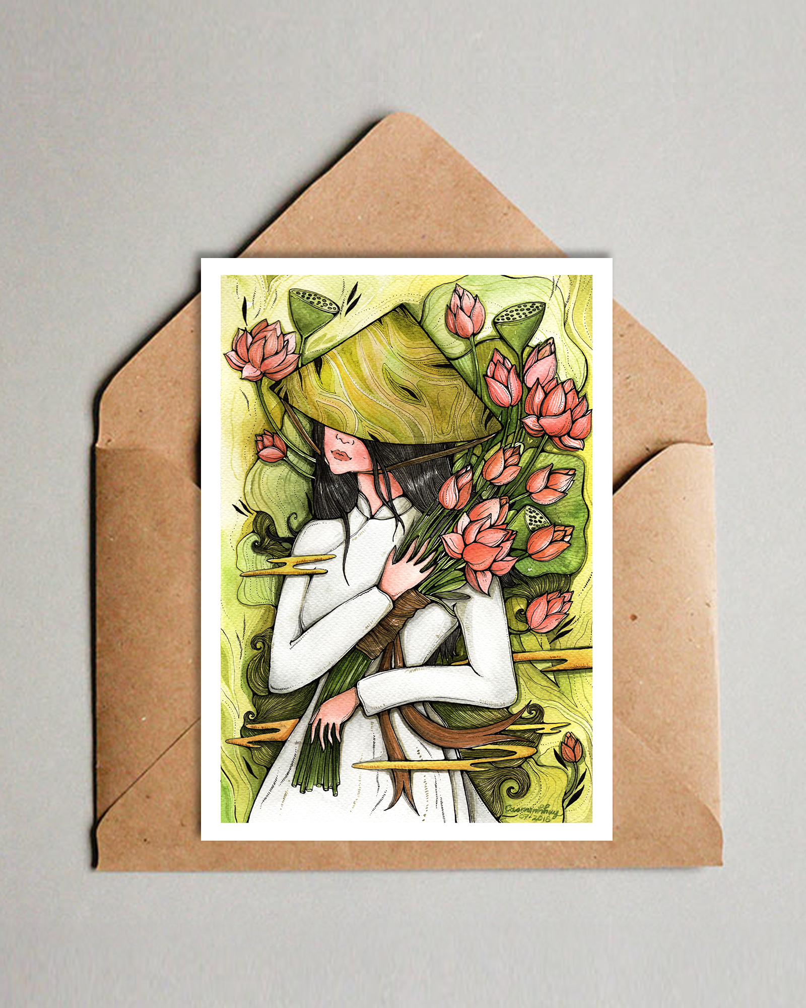  Lotus Girl Postcard - Nàng Sen 