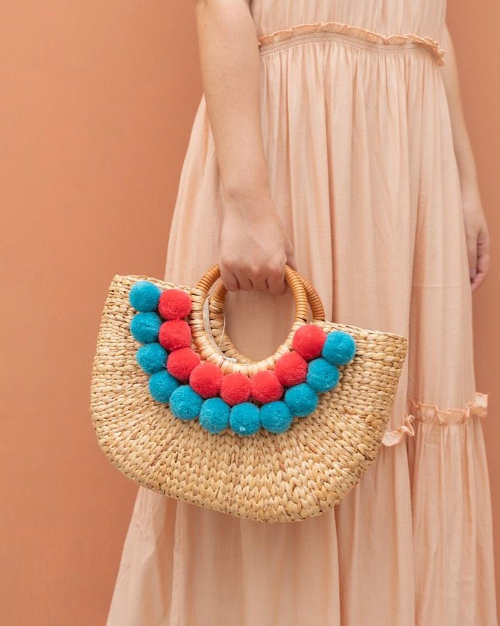  Water Hyacinth Hand Bag with Pompom 