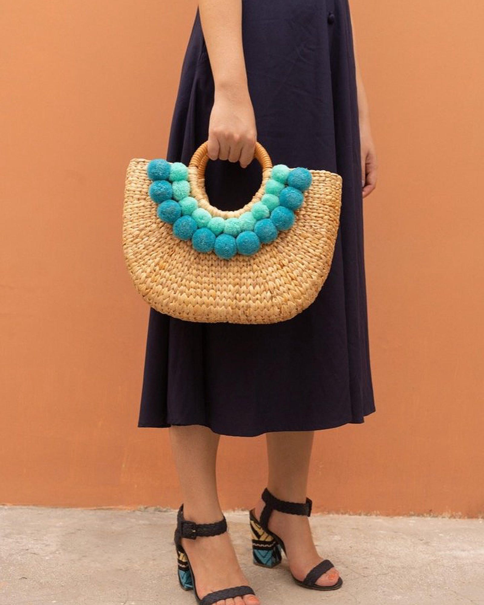  Water Hyacinth Hand Bag with Pompom 