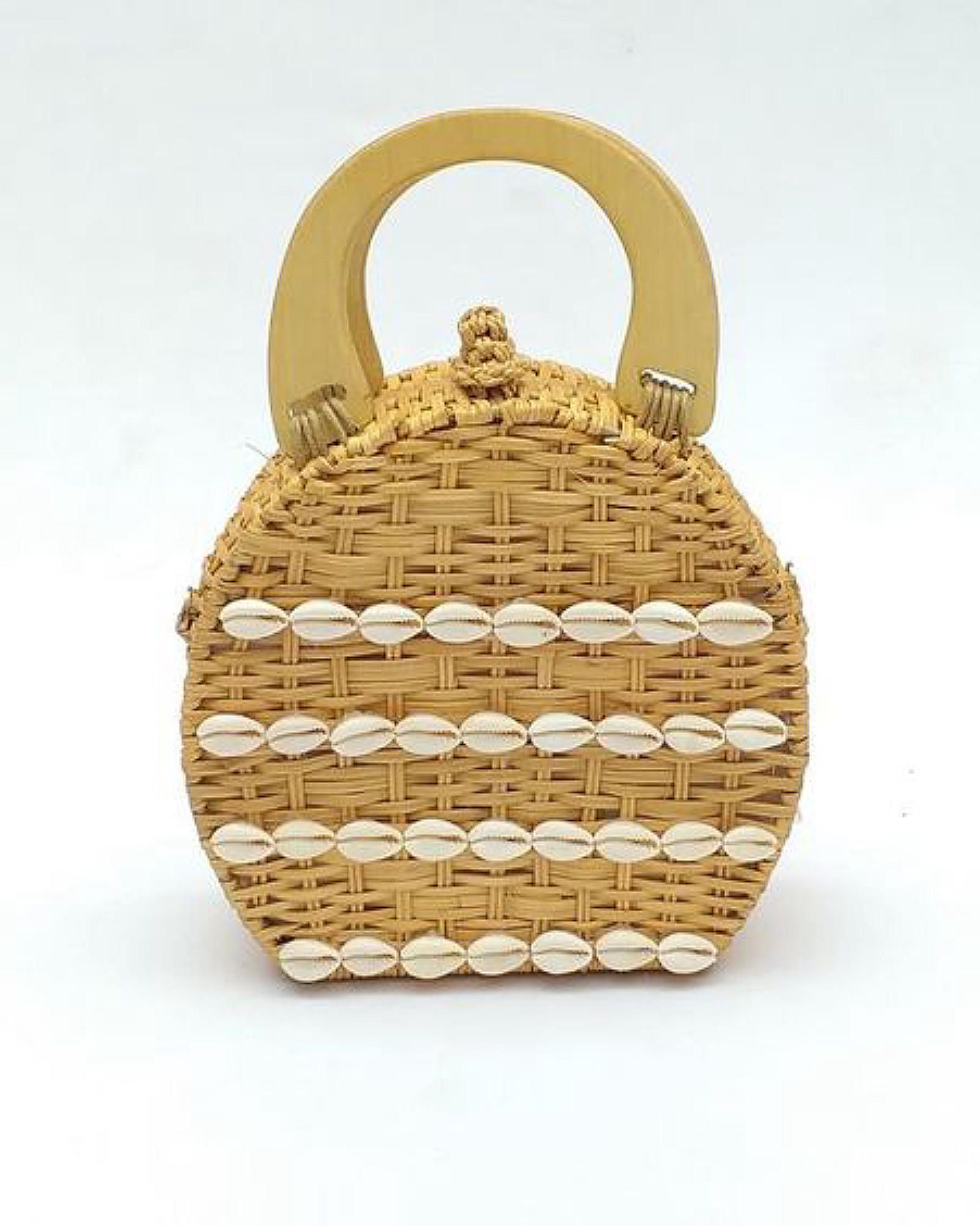  Wooden Handle Rattan Round Bag 