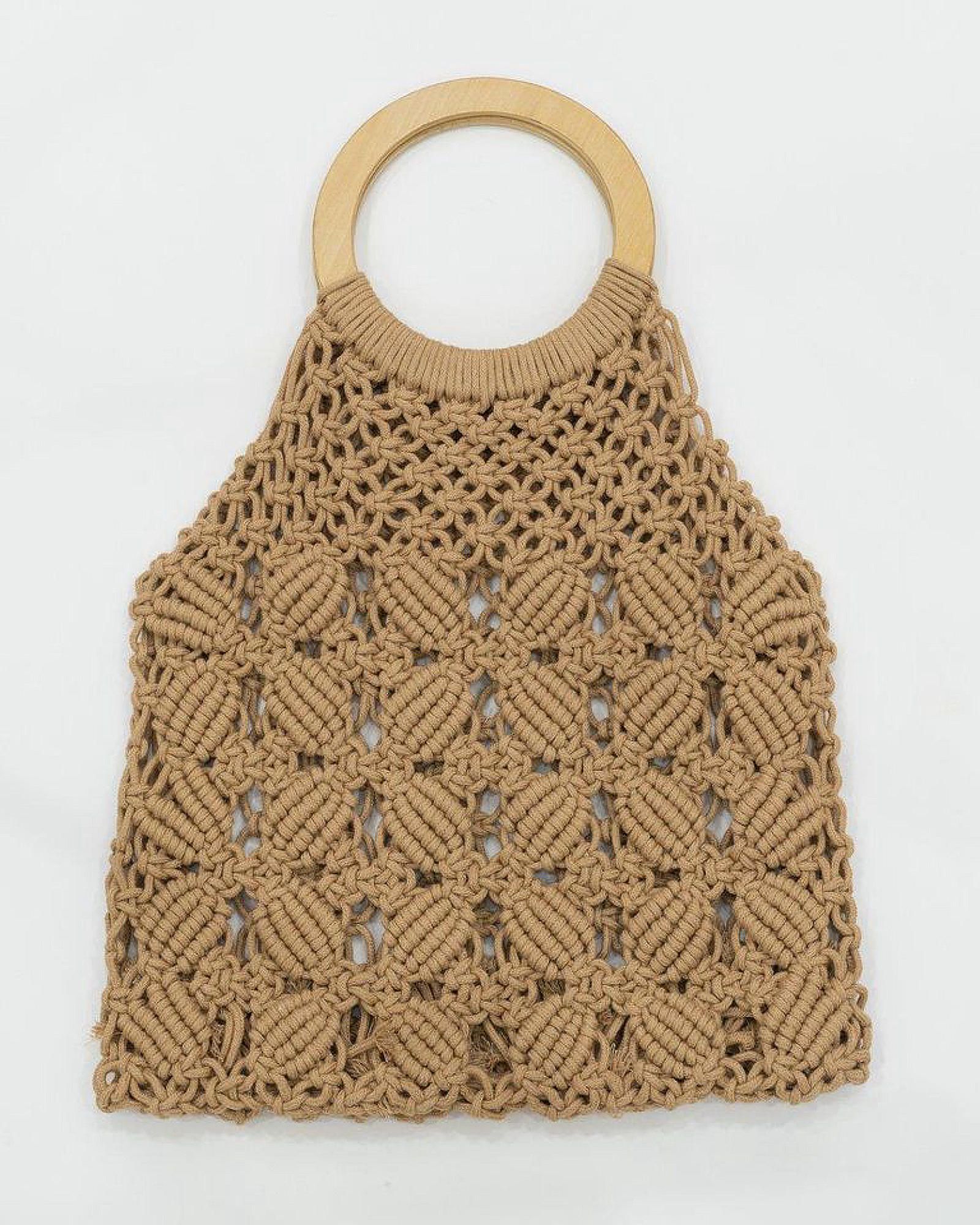  Thick Wooden Handle Flower Pattern Macrame Bag 