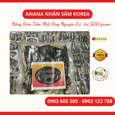  Hồng Sâm Tẩm Mật Ong Nguyên Củ  túi 500 gram 