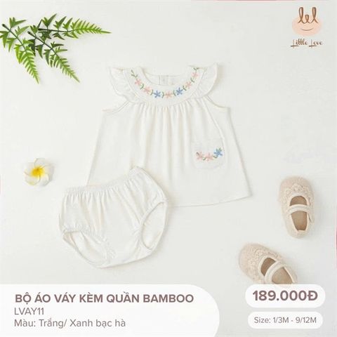 Bộ áo váy kèm quần Bamboo màu trắng Little Love (6-9m)