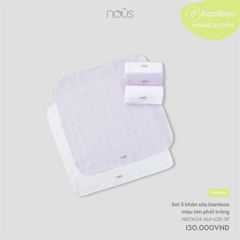 Hộp 5 khăn sữa Nous Bamboo màu tím phối trắng (30 x 30cm)