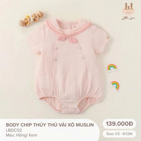 Bộ Body chip Thủy Thủ vải xô Muslin Little Love - Màu hồng (3-6m)