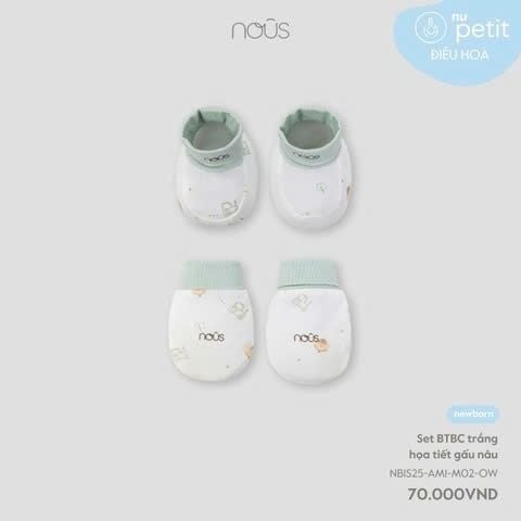 Set bao tay, bao chân Nous màu trắng họa tiết gấu nâu (NB)