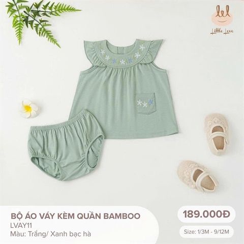 Bộ áo váy kèm quần Bamboo màu xanh bạc hà Little Love (3-6m)