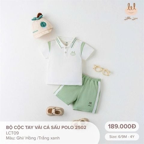 Bộ cộc tay vải cá sấu Polo màu trắng xanh Little Love (3 tuổi)