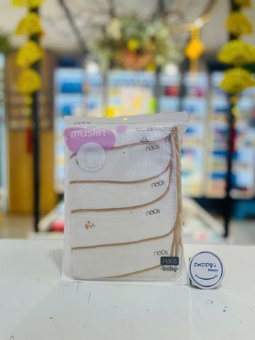 Set 5 khăn sữa Nous Muslin trắng họa tiết hoa nâu (30 x 30cm)