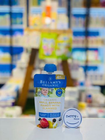 Trái cây nghiền hữu cơ Bellamy's vị táo, chuối, xoài & hạt lanh 4th (120g)