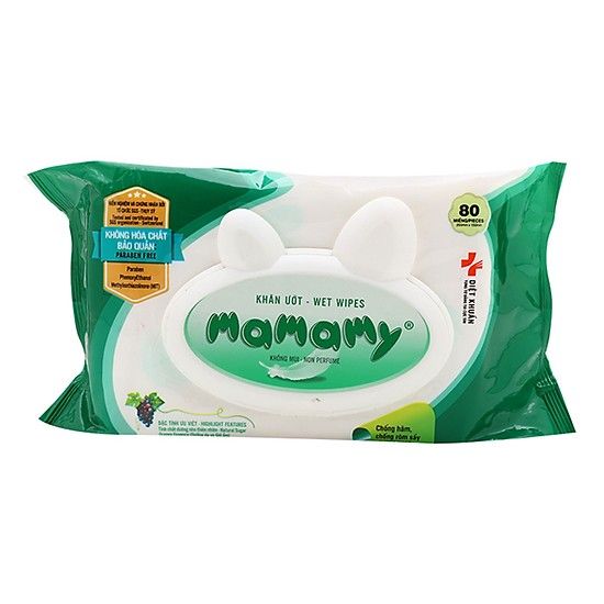 PU.H- Khăn giấy ướt Mamamy xanh không mùi - Non Perfume Wet Wipe Mamamy 80pcs ( Green )