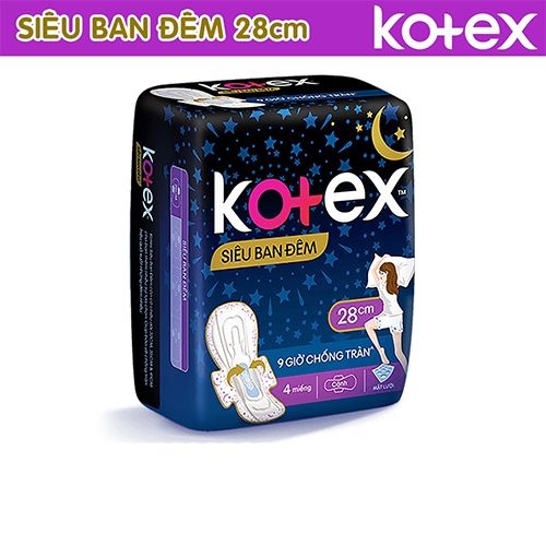 PU.P- BĂNG VỆ SINH KOTEX SIÊU BAN ĐÊM CÁNH 28CM 4 MIẾNG - Super Night Sanitary Napkins Kotex 4 slices ( pack )
