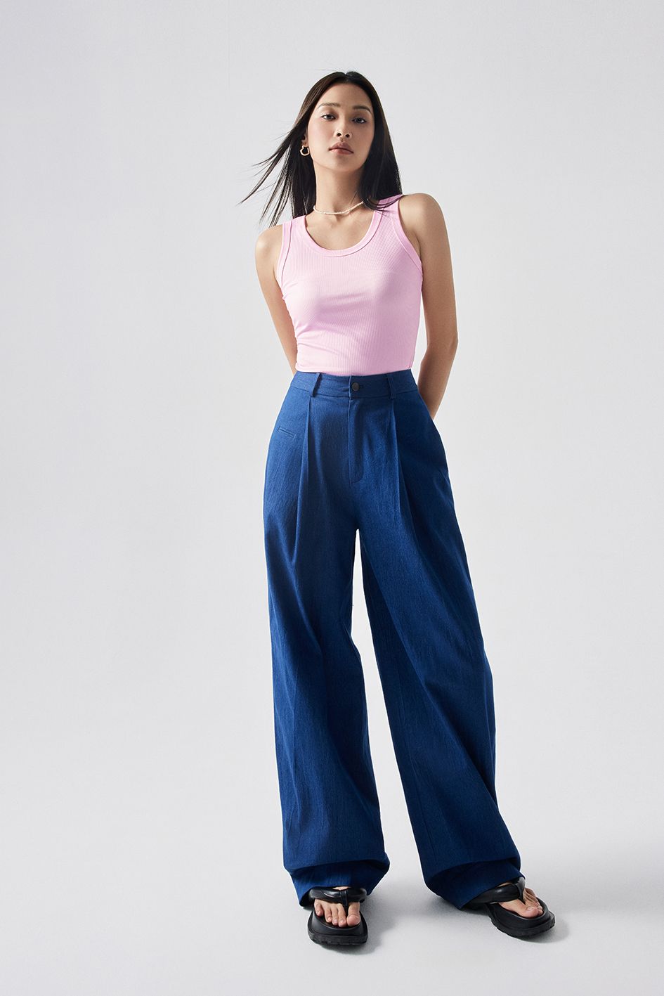 The Daily ribbed stretch cotton tank - Reina Pleated Wide leg Denim Pants