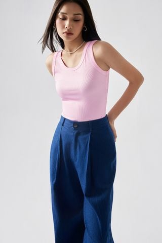 The Daily ribbed stretch cotton tank - Reina Pleated Wide leg Denim Pants