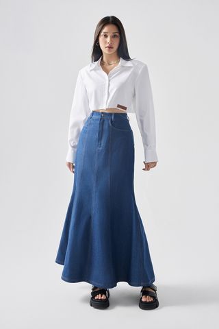 Cropped Cotton-poplin Shirt - Embellished Fish tail Denim Maxi Skirt