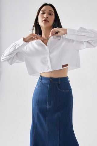 Cropped Cotton-poplin Shirt - Embellished Fish tail Denim Maxi Skirt