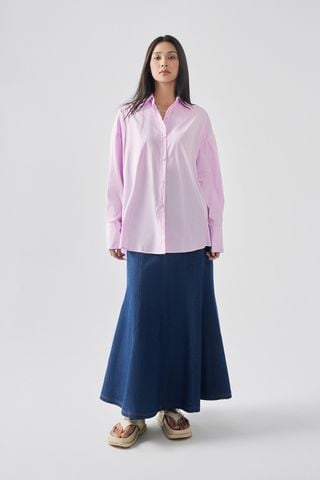 Reina Striped Cotton-poplin blouse - Embellished Fish-tail Denim Maxi Skirt