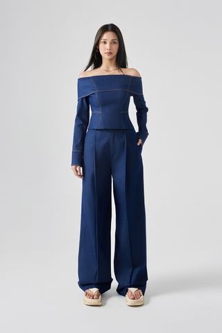 Off the shoulder Denim Top - Reina Pleated Wide leg Denim Pants