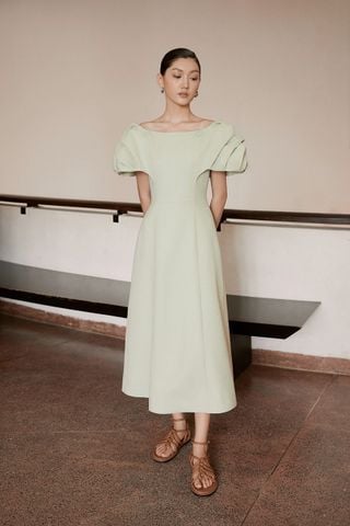 Floris Off-shoulder Taffeta Natural Midi Dress