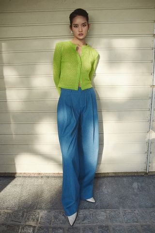 Santo Cropped Crochet-knit Cardigan - Pleated Denim Wide-leg Pants