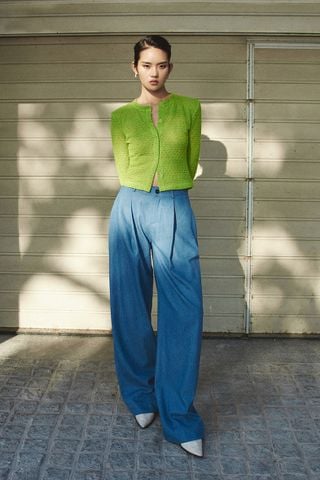 Pleated Denim Wide-leg Pants