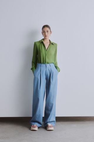 Inna Chiffon Shirt - Pleated Denim Wide-leg Pants