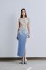 Short-sleeve Denim Blazer without Lepels - Floral Crinkled-chiffon Top -Cut-out Denim Midi Skirt