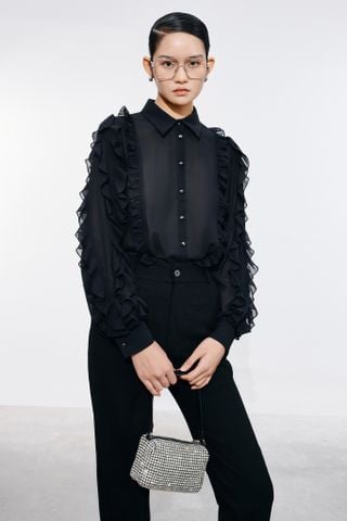 Ruffle Blouse - Carrie Stretch-wool Twill Tapered Pants - Black
