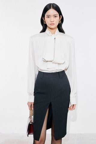 Femme pussy-bow silk blouse - Sid Pinstriped Skirt - White - Dark Grey